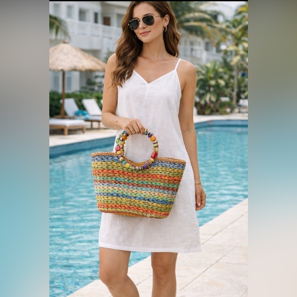 Vintage Straw  Rainbow Woven Handbag with Beaded Handle